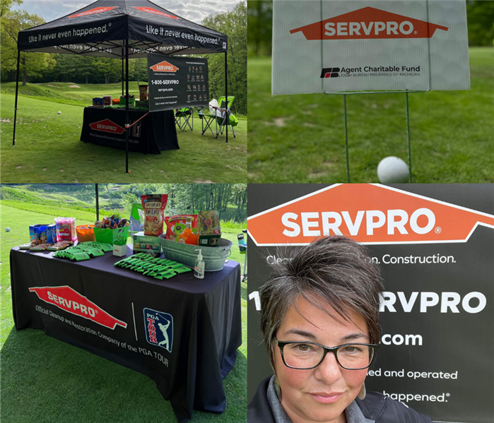 Photo collage of tent display, tee sign, giveaways, and Marketing Manager, Colleen