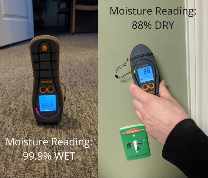 Moisture meter reading wet floor and semi dry wall